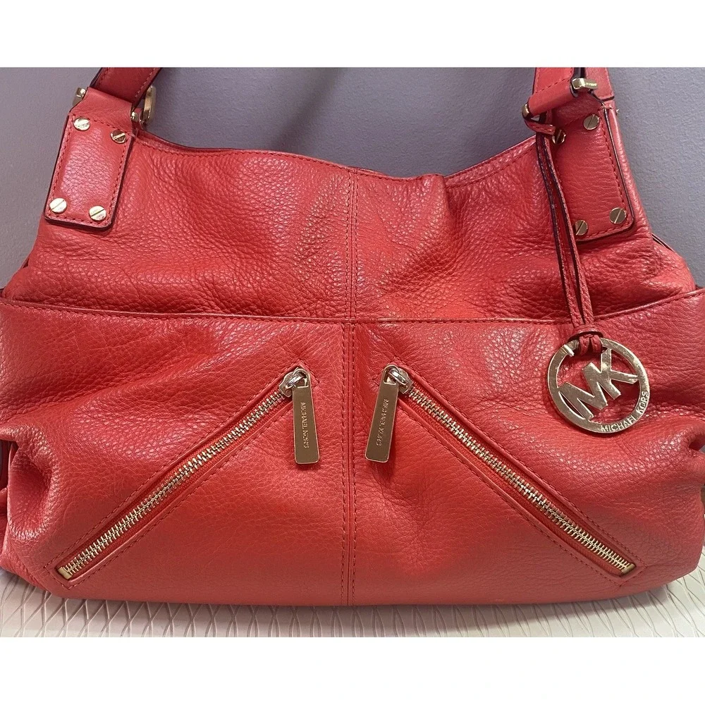 Michael Kors Womens Leather‎ Bag purse Red Orange&Gold Lined Pockets MK Charm